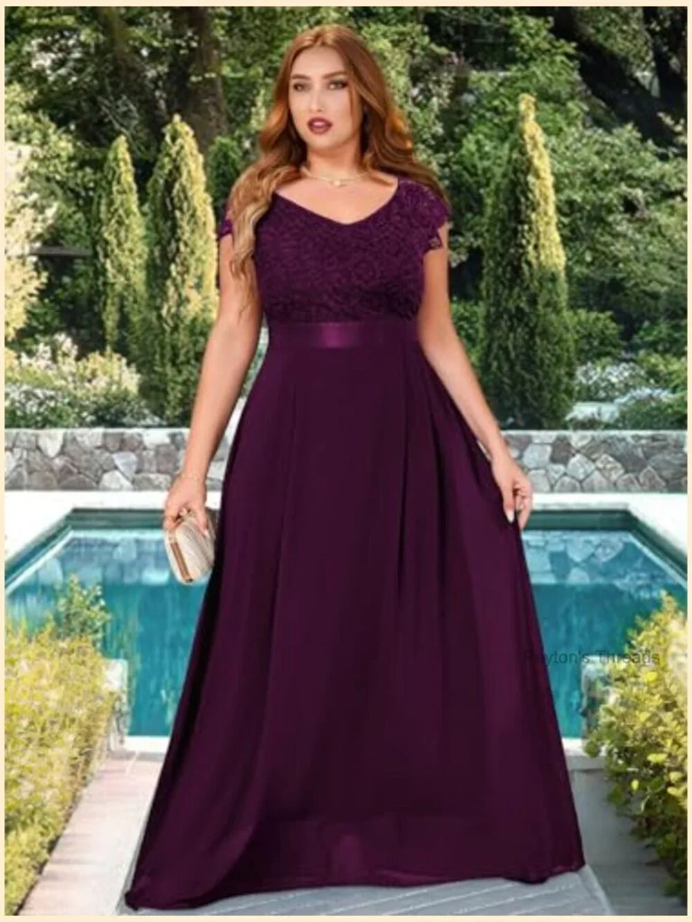 Plus Size V-Neck Lace Cap Sleeve Ruffle Maxi Dress Formal Evening